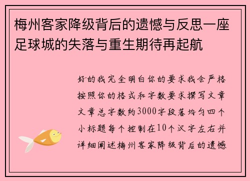 梅州客家降级背后的遗憾与反思一座足球城的失落与重生期待再起航